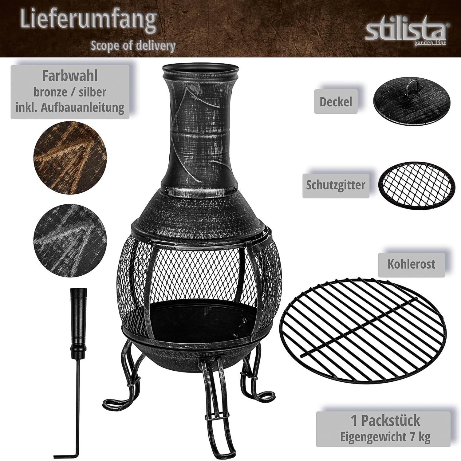 STILISTA Terrassenofen 89 cm aus Gusseisen mit Funkenschutz und Schürhaken, Antik Bronze