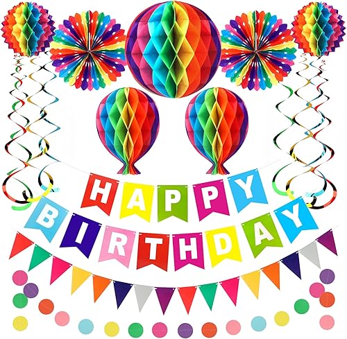 Anwyll Kit de decoración de fiesta de cumpleaños arcoíris para niños, niñas, niños, juego colorido con pancarta de feliz cumpleaños, suministros