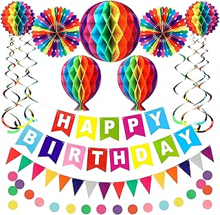 Anwyll Rainbow Birthday Party Decorations Kit for Kids Children Girls Boys,Colorful Birthday Party Decorations Set,Happy Birthday Decor Banner,Reusable Honeycomb Birthday Party Supplies for Women Men