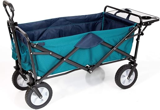 MacSports Heavy Duty Collapsible Outdoor Folding Utility Cart with Adjustable Rolling Wheels - All Terrain Sports & Beach Wagon with Side Table