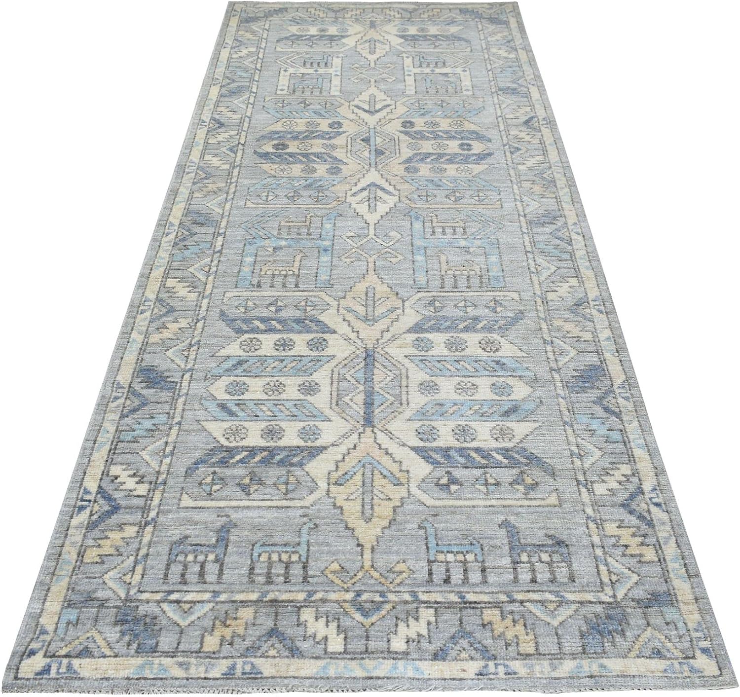 Organic Wool Hand Knotted Gray Anatolian Village Inspired with Large Medallions Design Oriental Wide Runner Rug (4'1"x9'9")