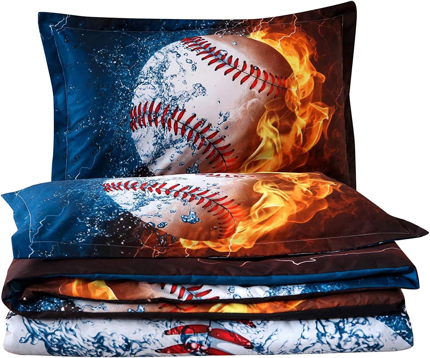 A Nice Night Baseball with Fire Print Comforter Quilt Set Bedding Sets for Teen Boys (Baseball,Twin Size)