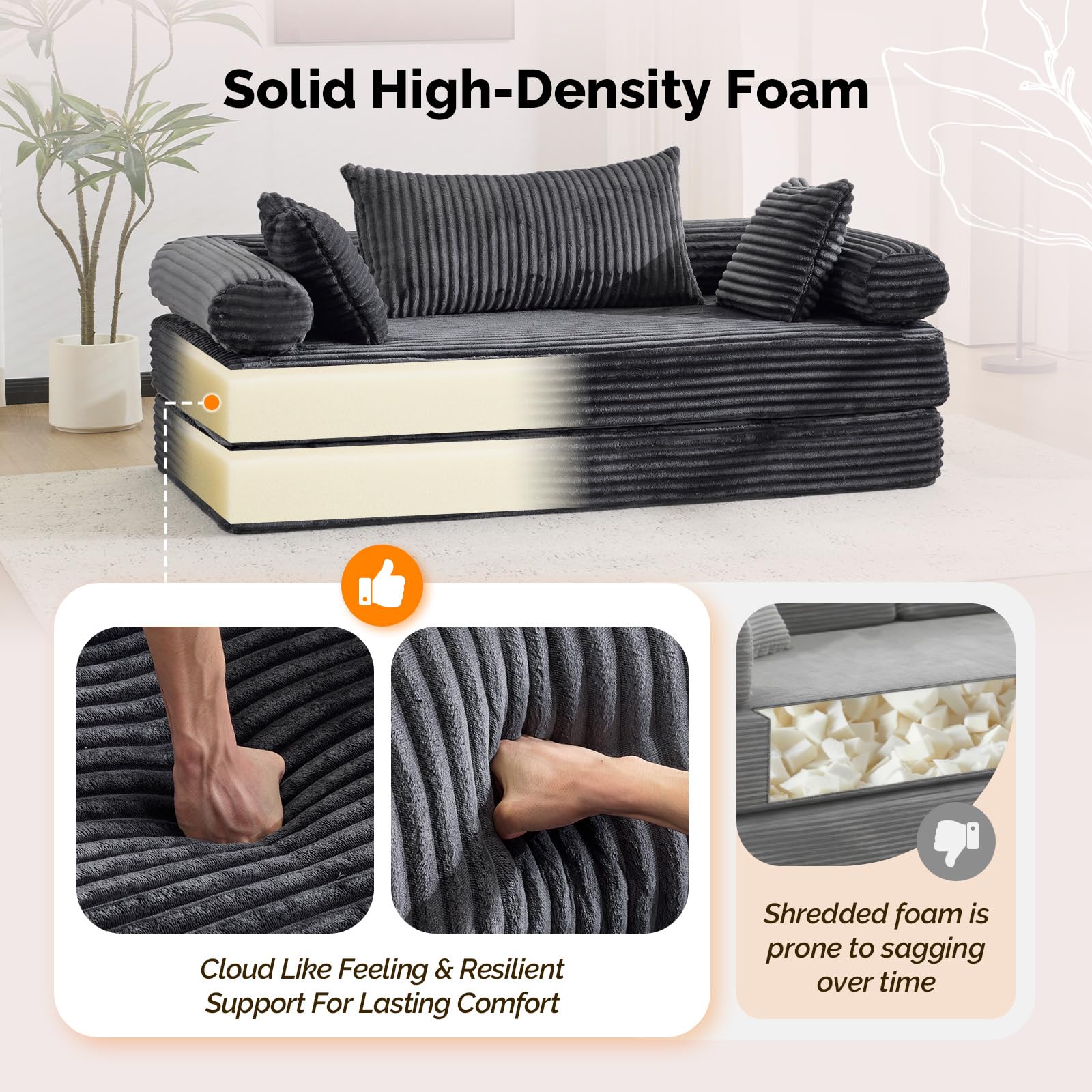 VINGLI Convertible Futon Sofa Bed, Upholstered Corduroy Boneless Couch King Size Floor Loveseat Sleeper Sofa with 2-in-1 Throw Pillow & Blanket Couches for Living Room, Bedroom, Lounge, Dark Gray