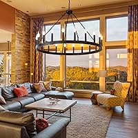 Vista 5 de Candelabro de rueda de vagón negro de 40 pulgadas, candelabros de rueda de vagón de granja de 20 luces, candelabros redondos industriales de techo