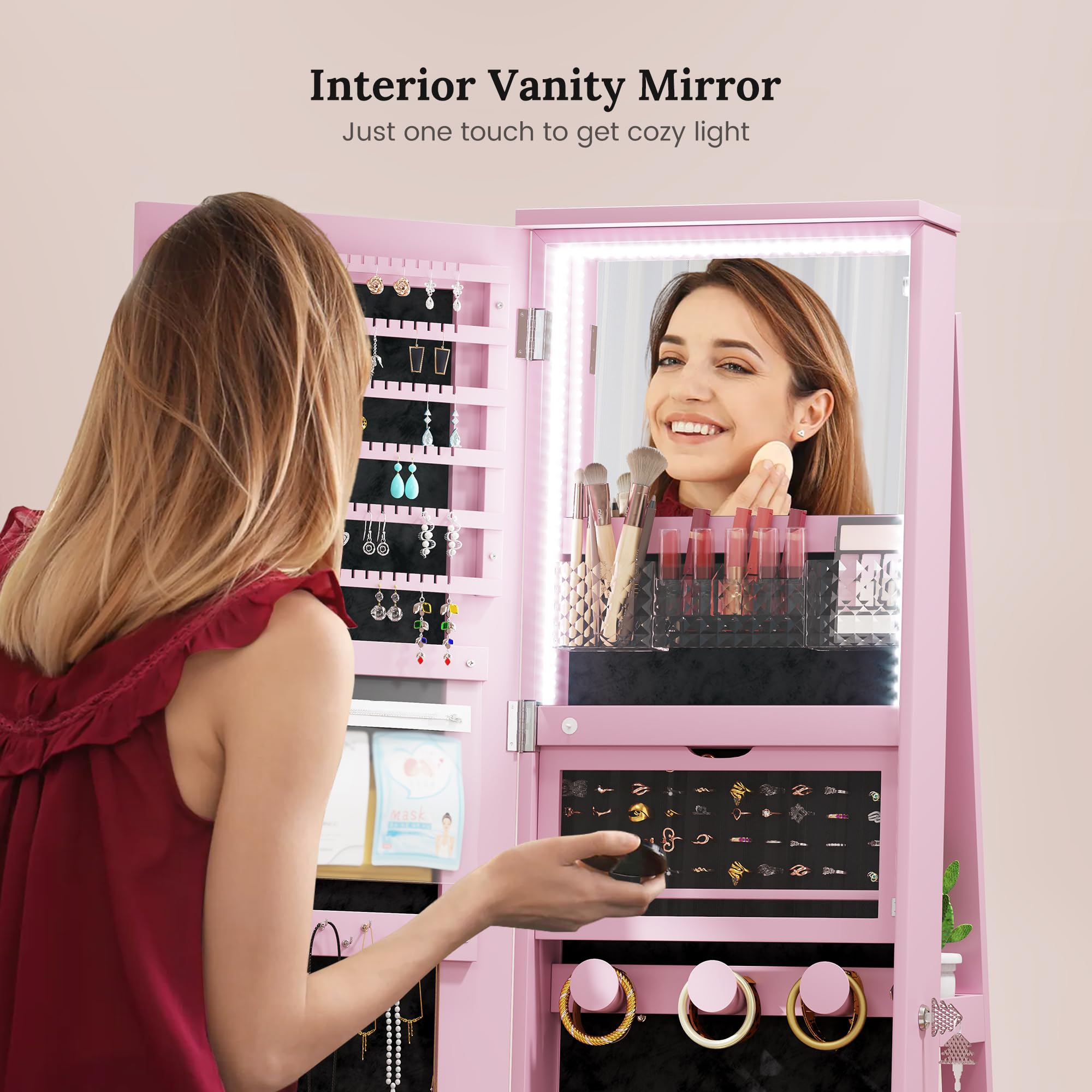 LVSOMT LED Mirror Jewelry Cabinet Standing, 360°Swivel Jewelry Armoire with Full Length Mirror, Mirror with Jewelry Storage and Large Wooden Drawer for Christmas Gifts ()