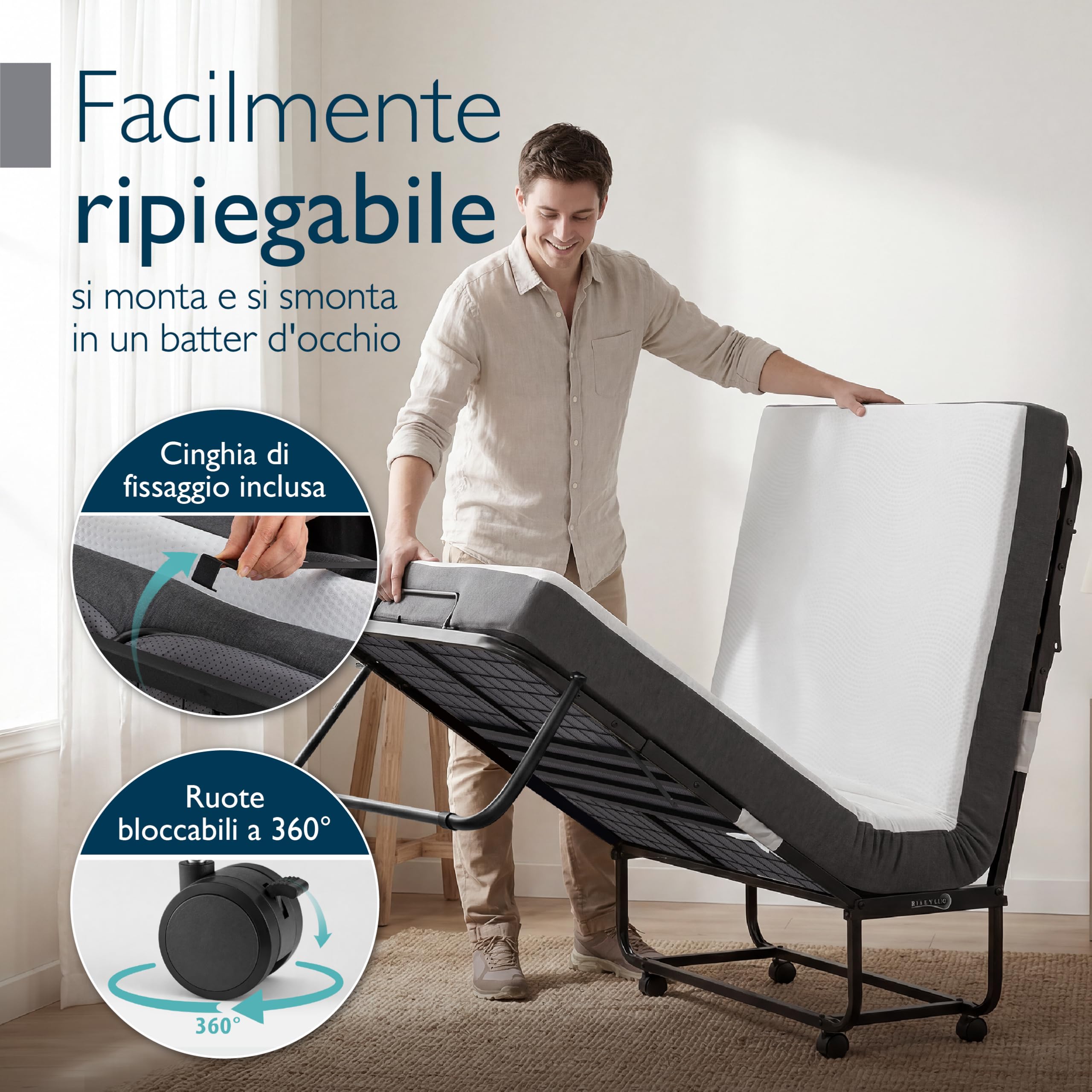 Beautissu Letto Pieghevole con Materasso Memory Foam per adulti 4 ruote | 90x200cm 13cm fino a 200 kg 4 frenabili salvaspazio con copertura brandina ospiti rotelle branda richiudibile Traumkraft D