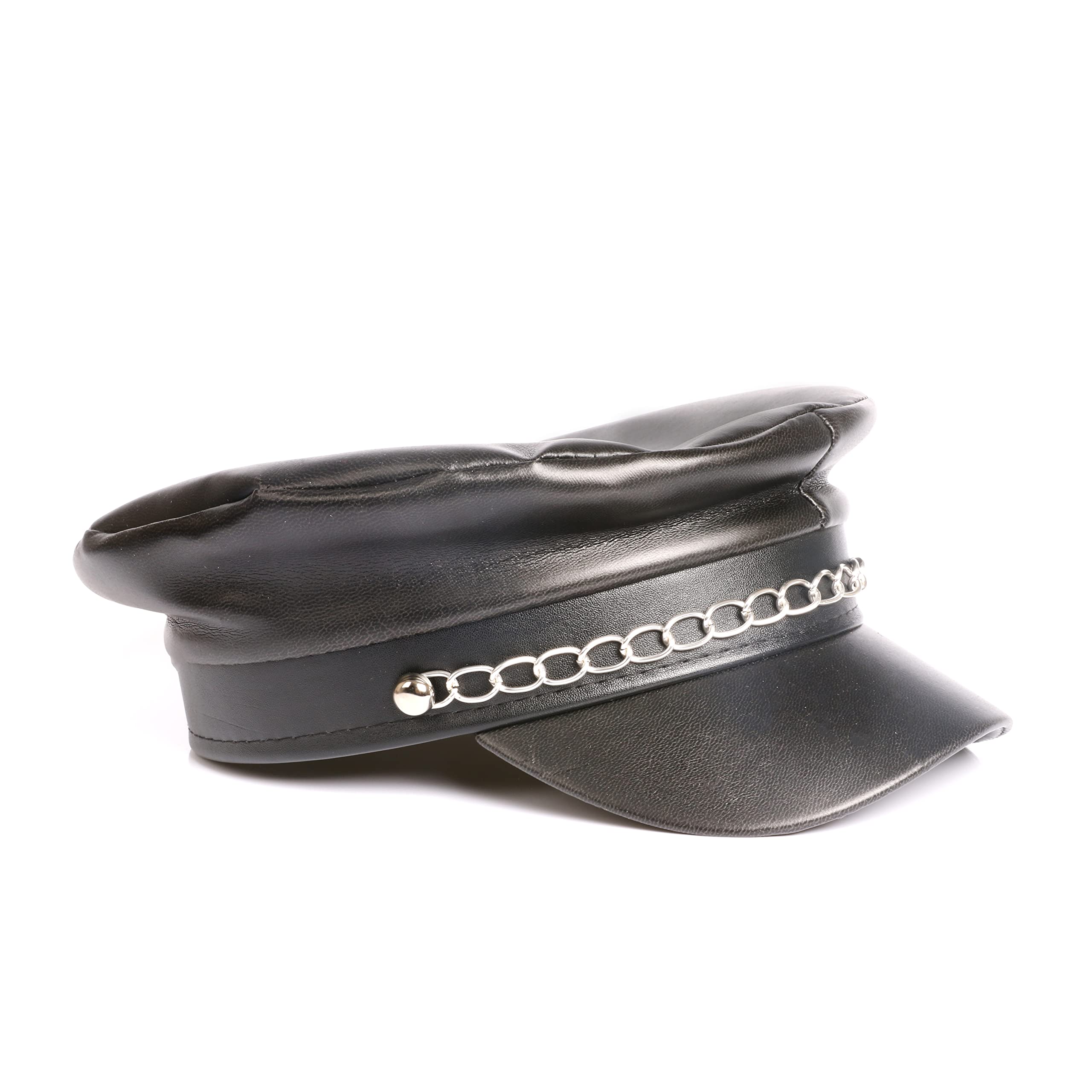 Black Biker Hat - Leather-Look Hat with Chain - 80's Leather Hat with Punk Chain - 80s, Biker, Punk Rock Fancy Dress Accessory - Pack of 6