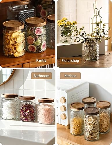 Miniatura 6 de Tarro de vidrio vintage con tapa de madera, recipientes herméticos para encimera de cocina y baño, para almacenamiento de dulces, galletas, café,