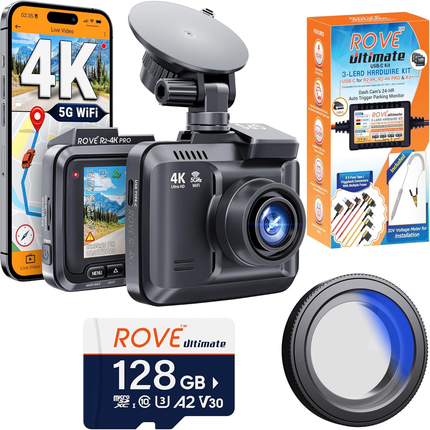 ROVE R2-4K PRO Dash Cam | Hardwire Kit | 128GB Micro SD Card | CPL Filter