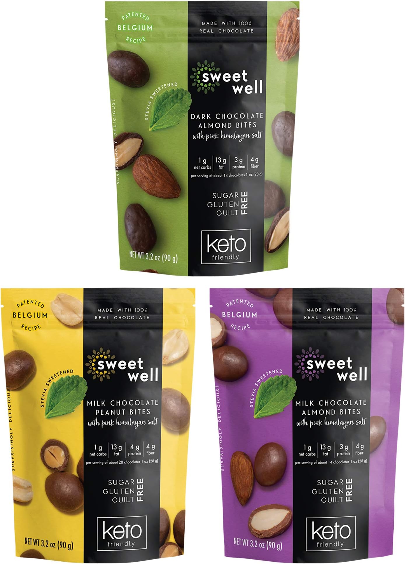 Variety Bites, Low Carb Keto Snacks, Keto Chocolate Snack Variety Pack, Gluten-Free with Plant Based Stevia Sweetener and Pink Himalayan Salt, 3.2 oz Each, Pack of 3 - Sweetwell