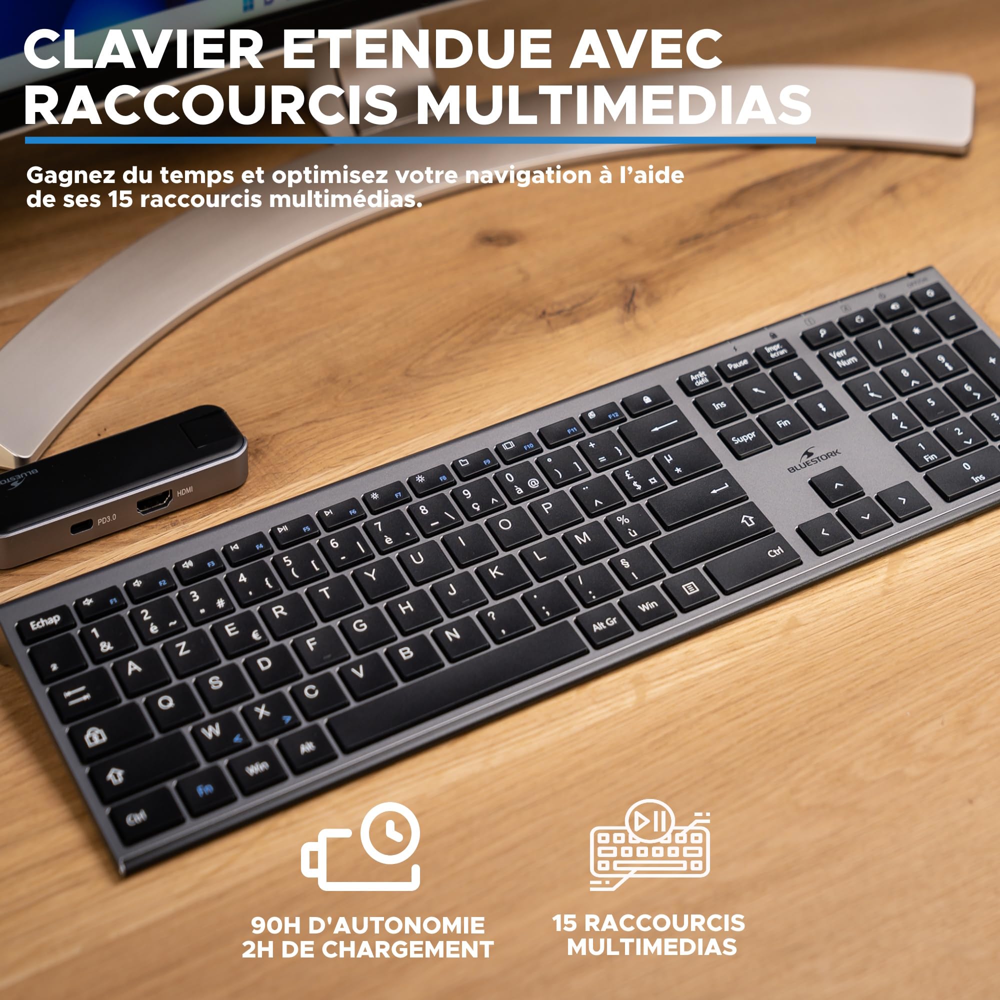 BlueElement - Pack Clavier et Souris sans Fil Grapheme - Wireless avec Smart Dongle - Clics Silencieux - Design Ultra Slim - Ergonomique - Rechargeable - AZERTY FR (Black)