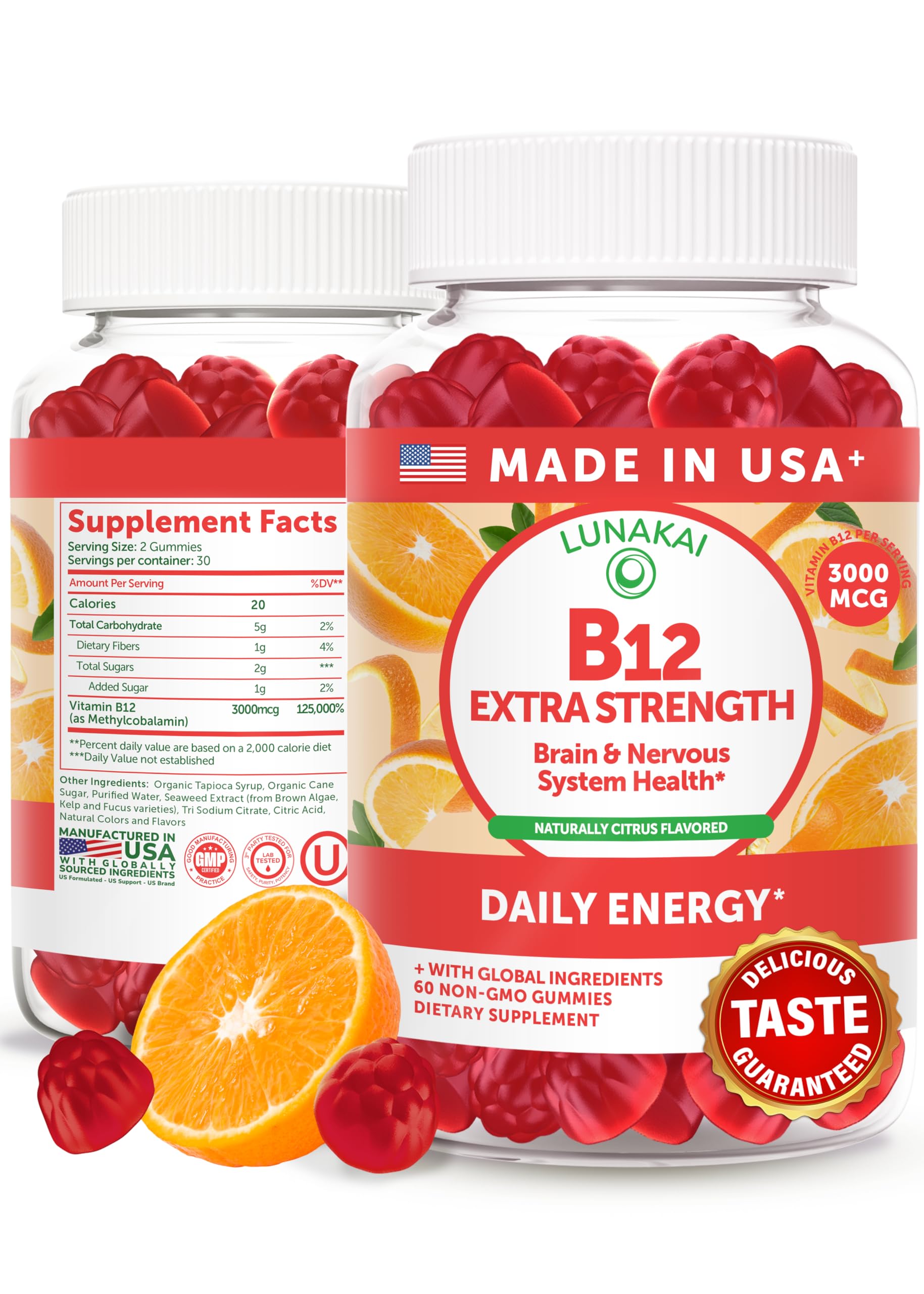 Lunakai USA Made Vitamin B12 Gummies 3000mcg, B12 Vitamins for Energy, Brain & Metabolism Support, Methylcobalamin for Adults, Women & Men, Non-GMO Vegan, 60 Daily Gummy Vitamins