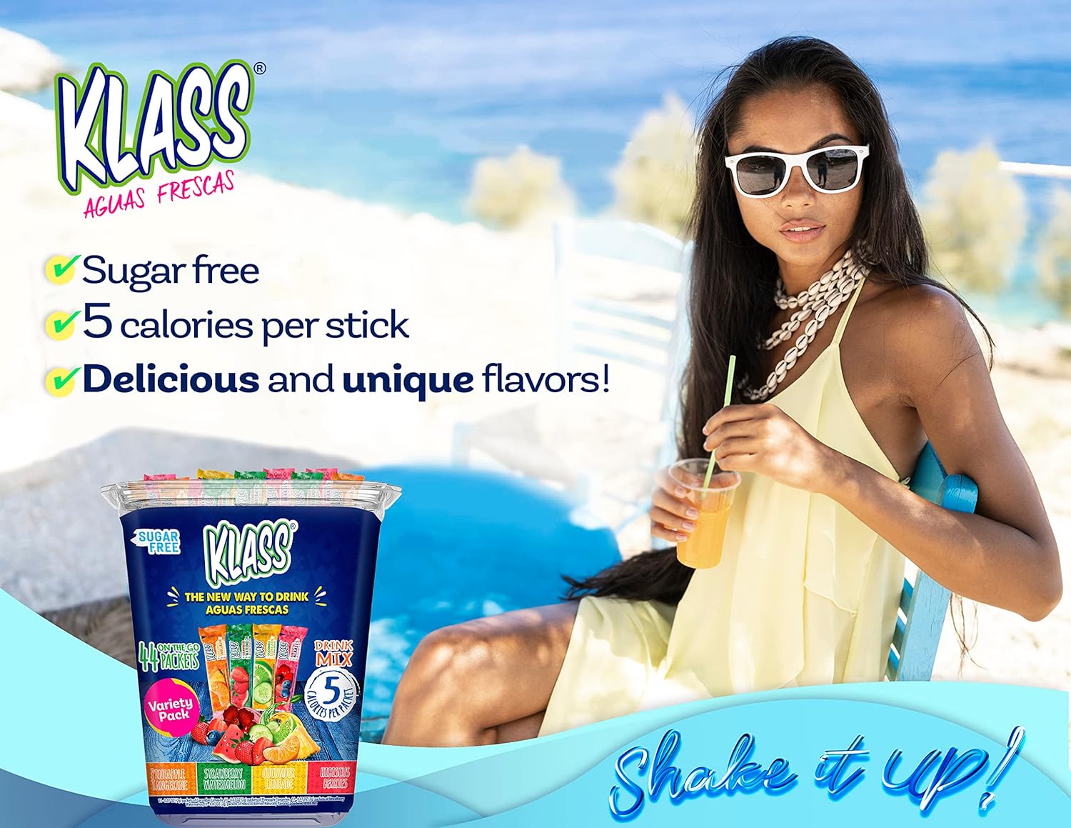 Klass Aguas Frescas, Variety Pack, Sugar Free Drink Mix, Fruit Variety Packets, On-The-Go! Powdered Drink Mix (44 Count Powder Stick Packs) 5 Calories Per Packet- Shake it up! The new way to drink Aguas Frescas. : Everything Else