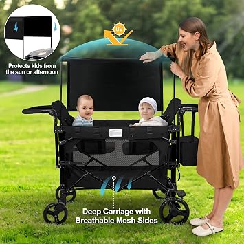 VOOI Stroller Wagon 4 Seater, Wagon for Kids, Collapsible W4 Stroller with Seats with 5-Point Harnesses, Easy Access Zipper Door, and Removable Sun Canopy (Black, W4-Large)