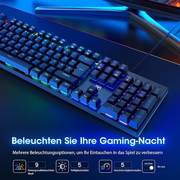 Mechanical Gaming Keyboard,RGB 104 Keys Ultra-Slim Rainbow LED Backlit USB Wired Keyboard with Blue Switches,Durable ABS Keycaps/Anti-Ghosting/Spill-Resistant Mechanical Keyboard for PC Mac Xbox Gamer - 1