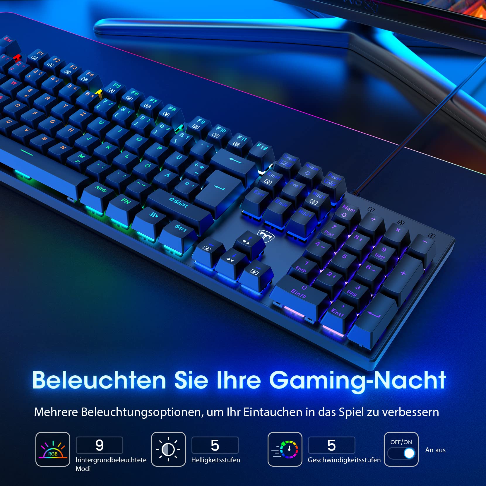 RisoPhy Mechanische Gaming-Tastatur, RGB 104 Tasten, ultraschlanke LED-Hintergrundbeleuchtung, kabelgebundene USB-Tastatur mit blauem Schalter