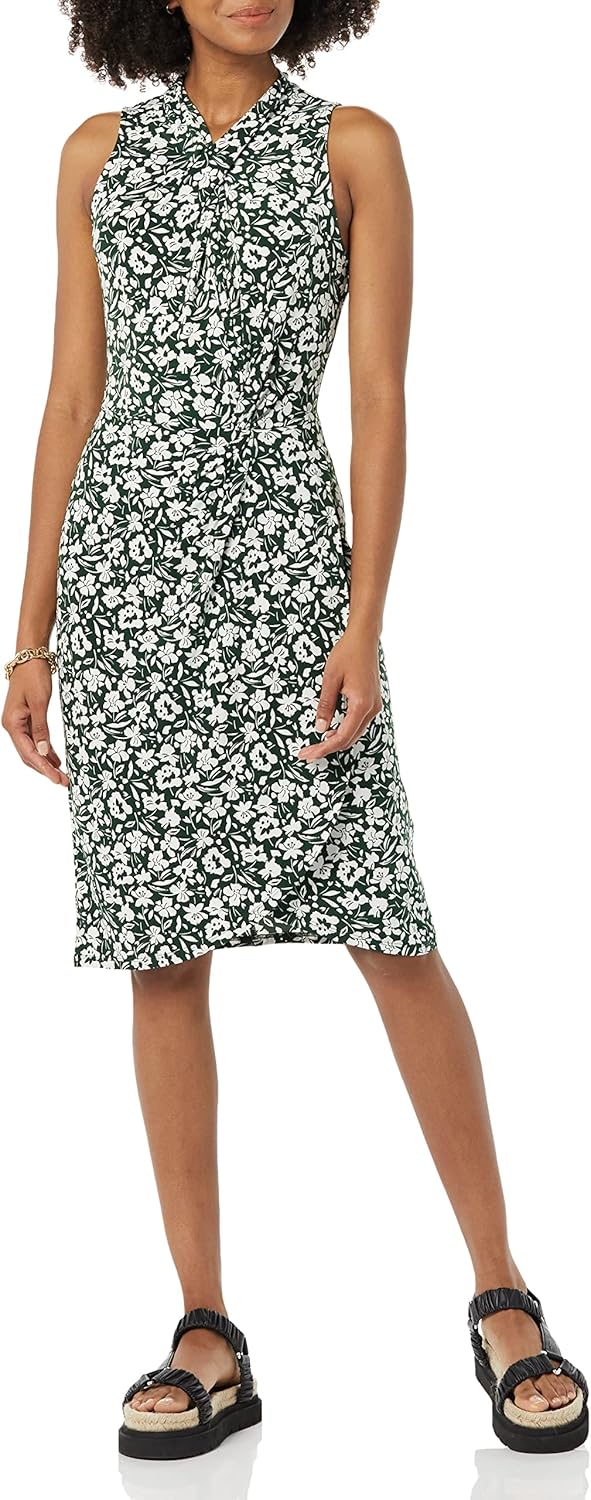 Amazon Essentials Women's Sleeveless Crossover Twist Neck Faux Wrap Dress Medium Dark Green Floral