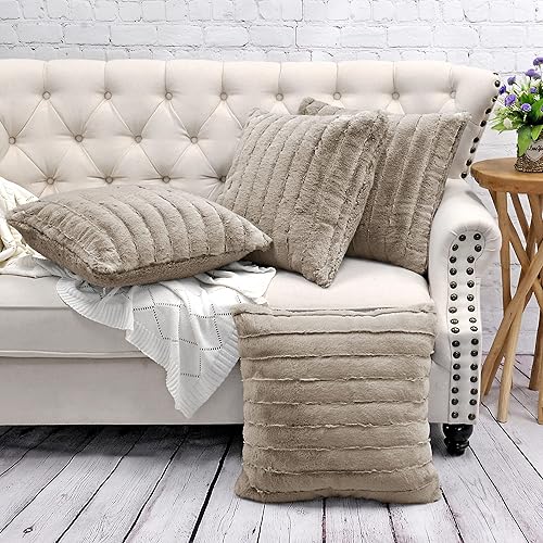 Juego de 4 fundas de almohada cuadradas decorativas de piel sintética a rayas con respaldo de sherpa de 20 x 20 pulgadas, funda de cojín de lujo