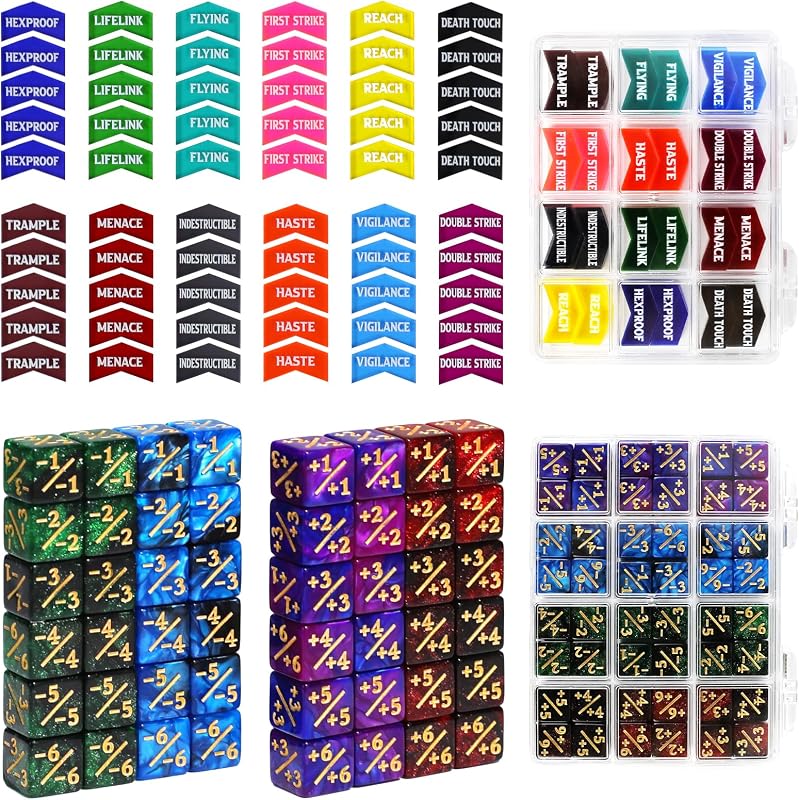 SIXPOINTS Juego de 108 fichas MTG +1/+1 de 12 mm de 6 caras y contadores de palabras clave para Magic The Gathering, MTG, TCG, accesorios para juegos de cartas