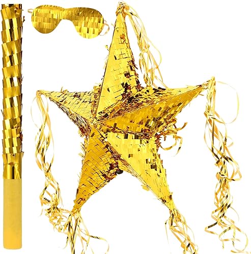 Miniatura 1 de Piñata de estrella de aluminio con venda de ojos y murciélago para niños, forma de estrella de cumpleaños, piñata plegable con palo de piñata,