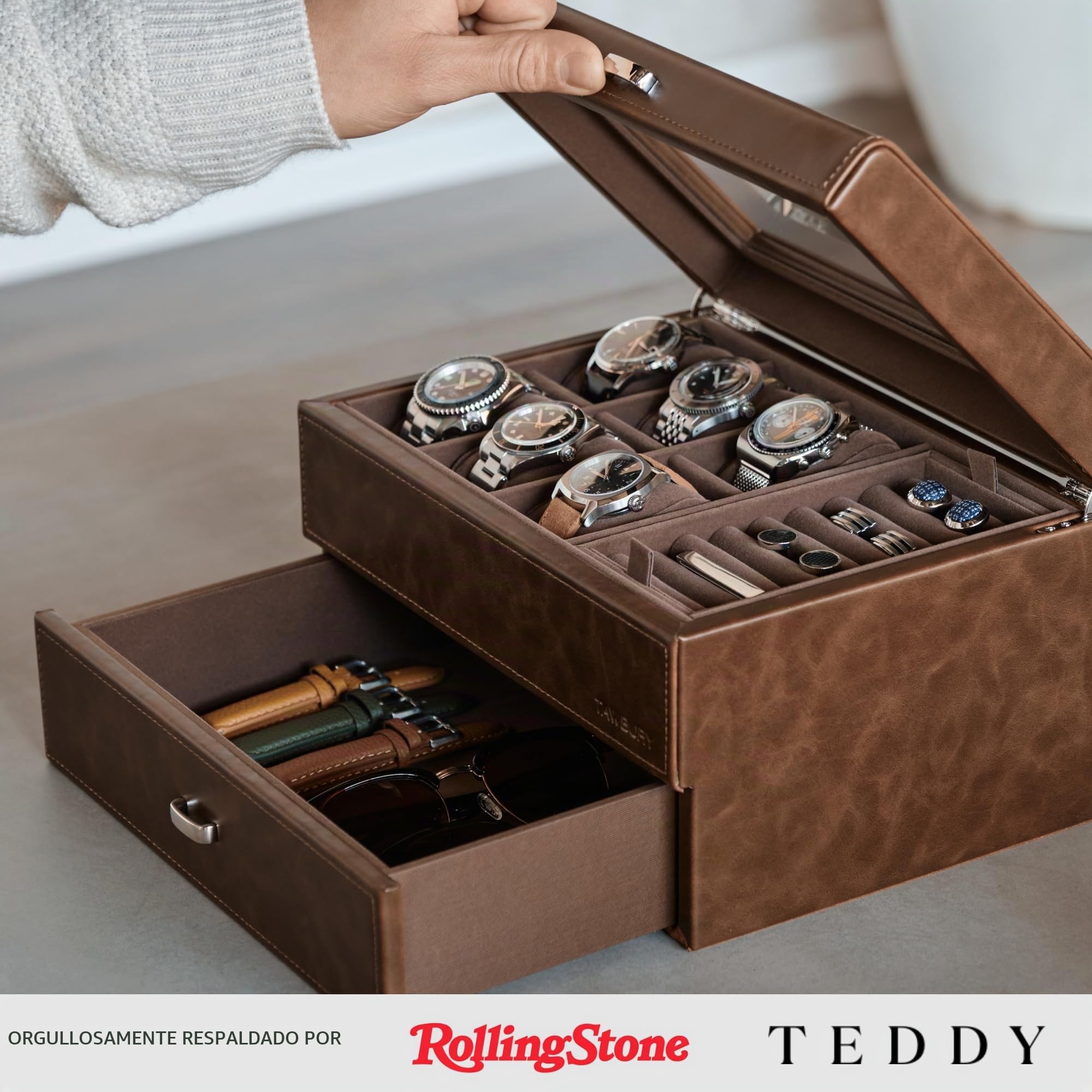 TAWBURY Estuche de Cuero Vegano para 6 Relojes y Joyería para Hombre - Organizador y Caja de Almacenamiento