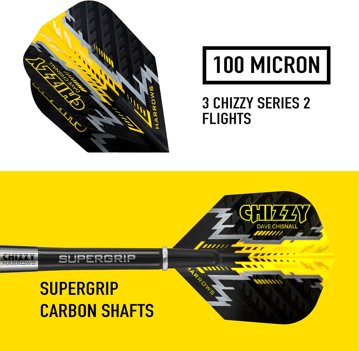 Harrows Dave Chisnall Chizzy 80% Tungsten Steel Tip Darts Set 21g, 22g, 23g & 24g - Includes Black Midi Supergrip Shafts, Prime Flights & Travel Case