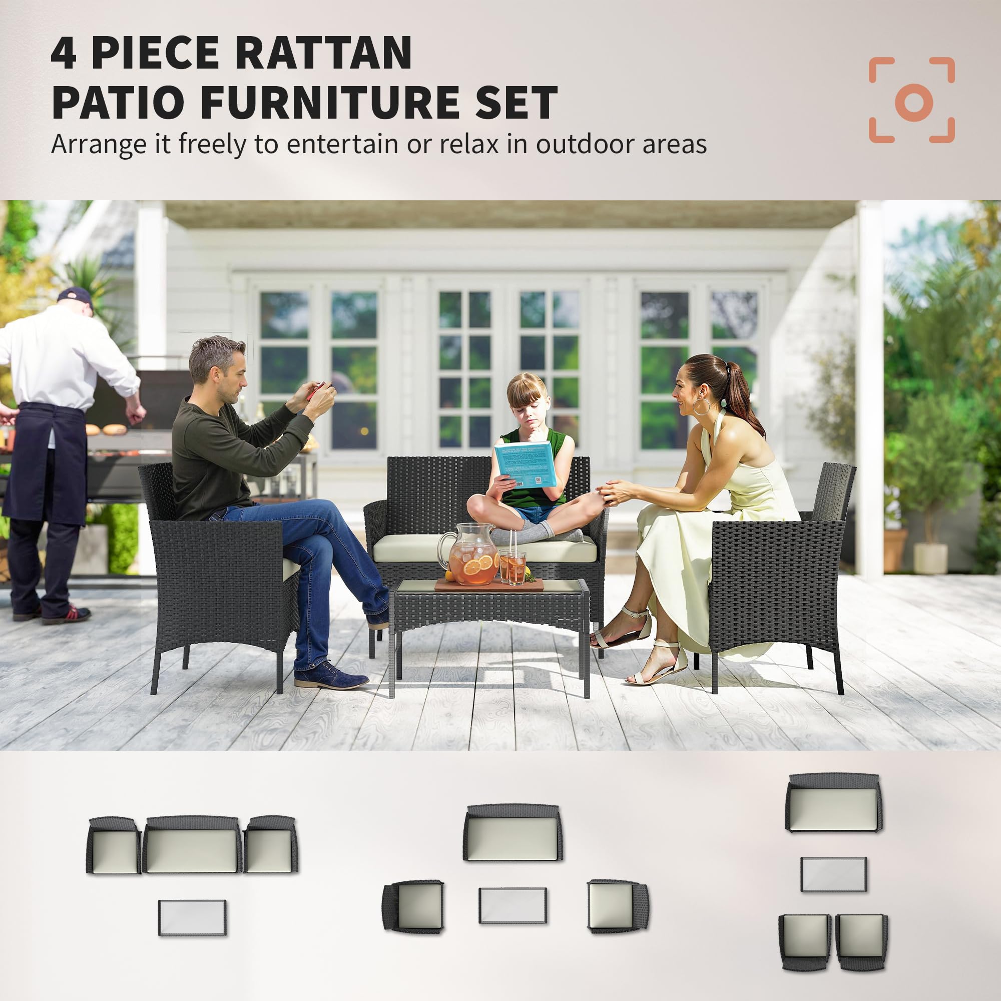 Outsunny 4 Seater Rattan Garden Furniture Set, 4 Piece Garden Sofa Set with Loveseat, Armchairs, Glass-Top Coffee Table, Cushions, Wicker Outdoor Furniture for Conservatory Patio, Cream White — view 3