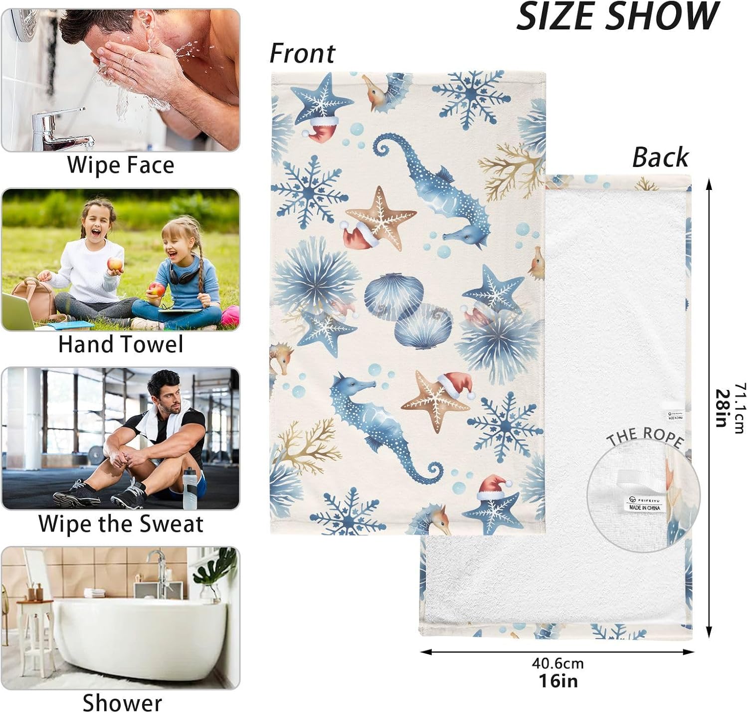 Cotton Hand Towels for Bathroom Set of 2 Christmas Coastal Beachy Seahorse Starfish Kitchen Towels Soft Bath Towel Absorbent Towels for for Face,Gym,Sports 16x28in