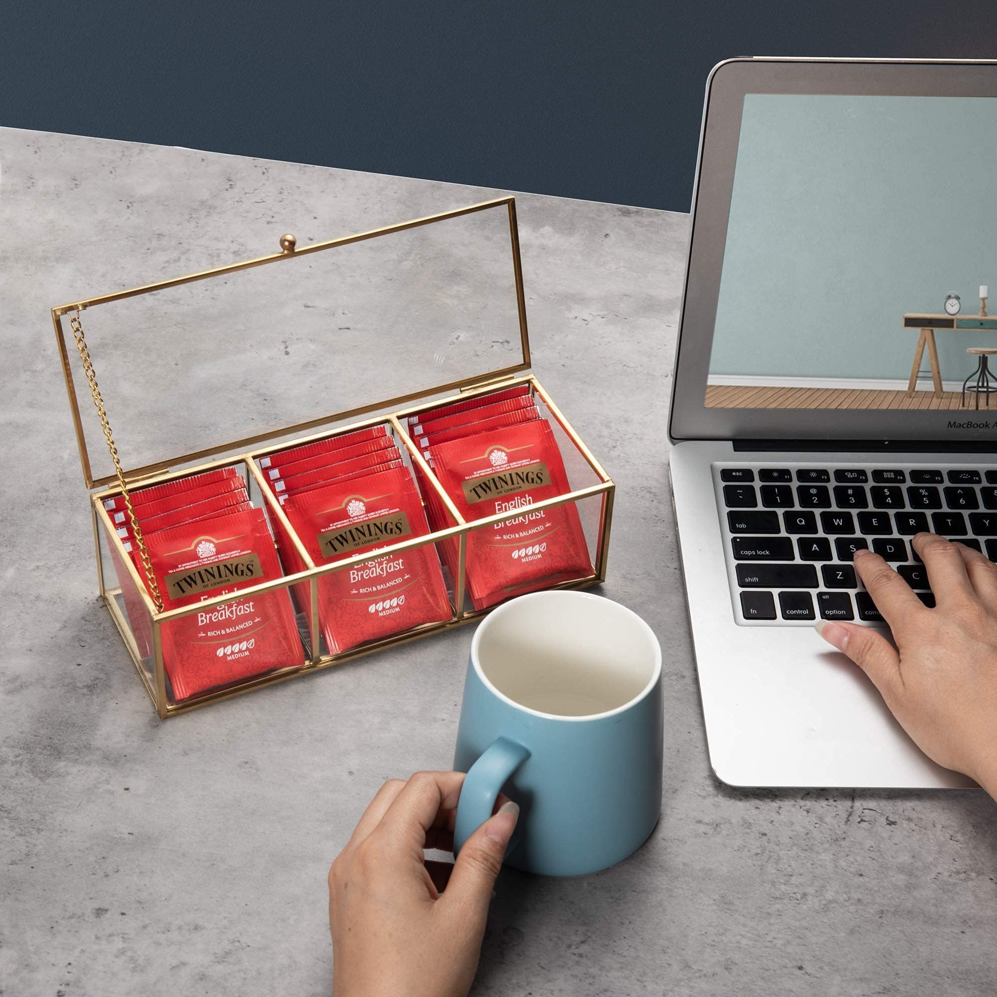 Feyarl Gold Glass Tea Bags Box Sea Shell Display Organizer Cosmetics Countertop Canister Box Jar Storage Glass Jewelry Trinket Ring Earring Box Container for Girl Women Gift