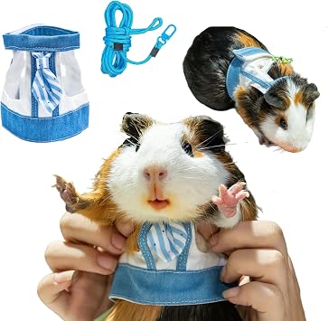 SMOLKITH Guinea Pig Clothes, Cavy Adjustable Blue and White Vest with Leash, Small Animal Apparel for Walking, Fits Fancy Rats, Meerkats, Chinchillas, Rabbits and More