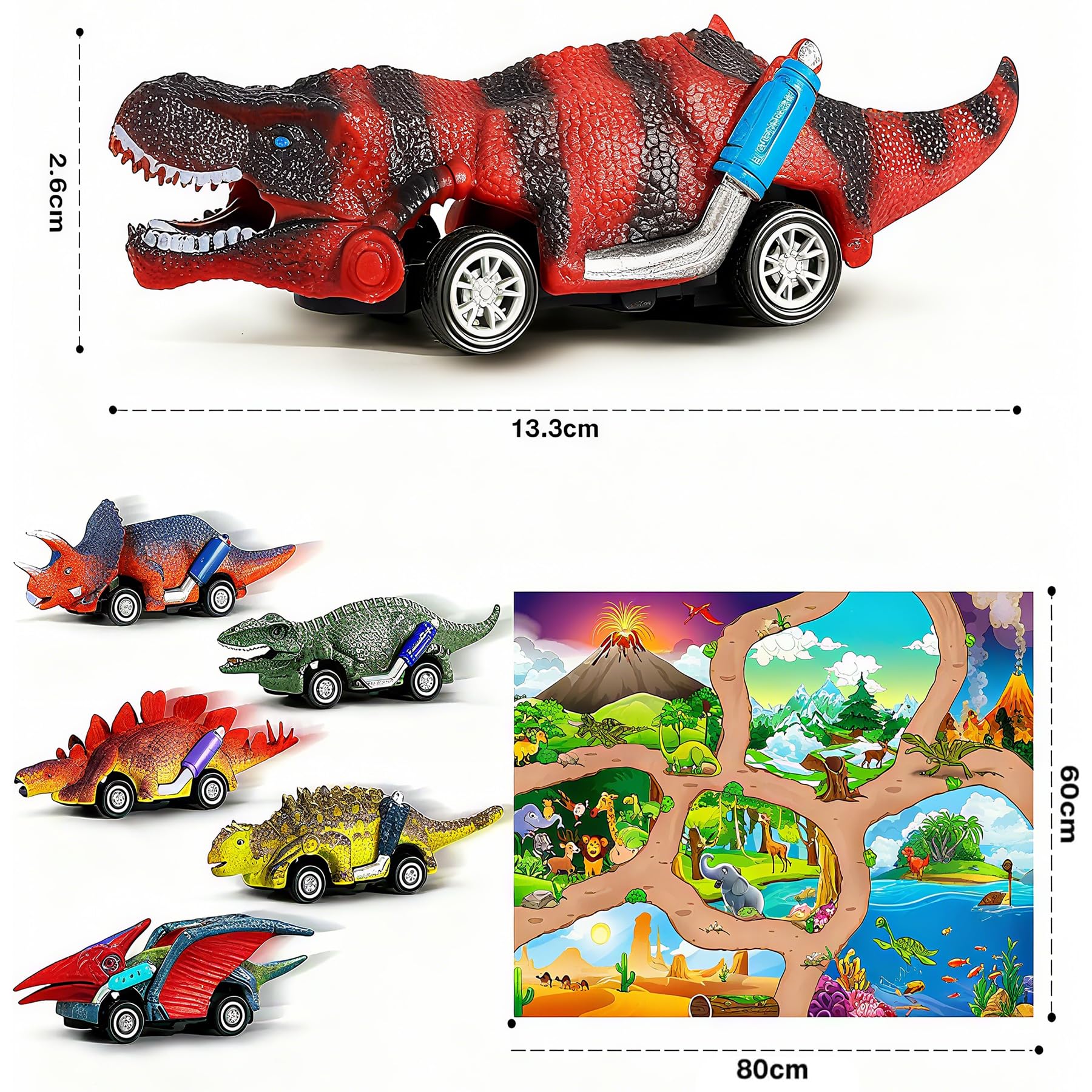 Jojoin Dinosauri Macchinine Giocattolo per Bambini - 6 Pezzi Dinosauro Giocattolo Tirare Indietro Auto con Tappetino attività - Regalo per Bambini 2 3 4 5 6 Anni Ragazzo e Ragazza - Pasqua Regalo