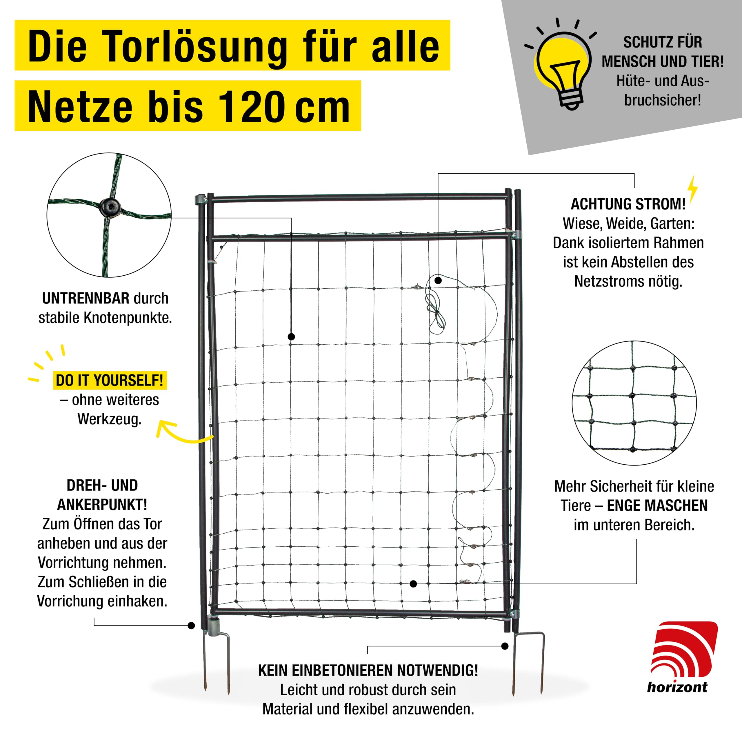 horizont Hotgate Weidetor – Tor für Weidezaun 105-120 cm Höhe, elektrifizierbare Zauntür mit 86 cm breitem Durchgang, Schafzaun Tür, stabiles Weidezaun Tor, Gartenzaun Tür mit Stromführung