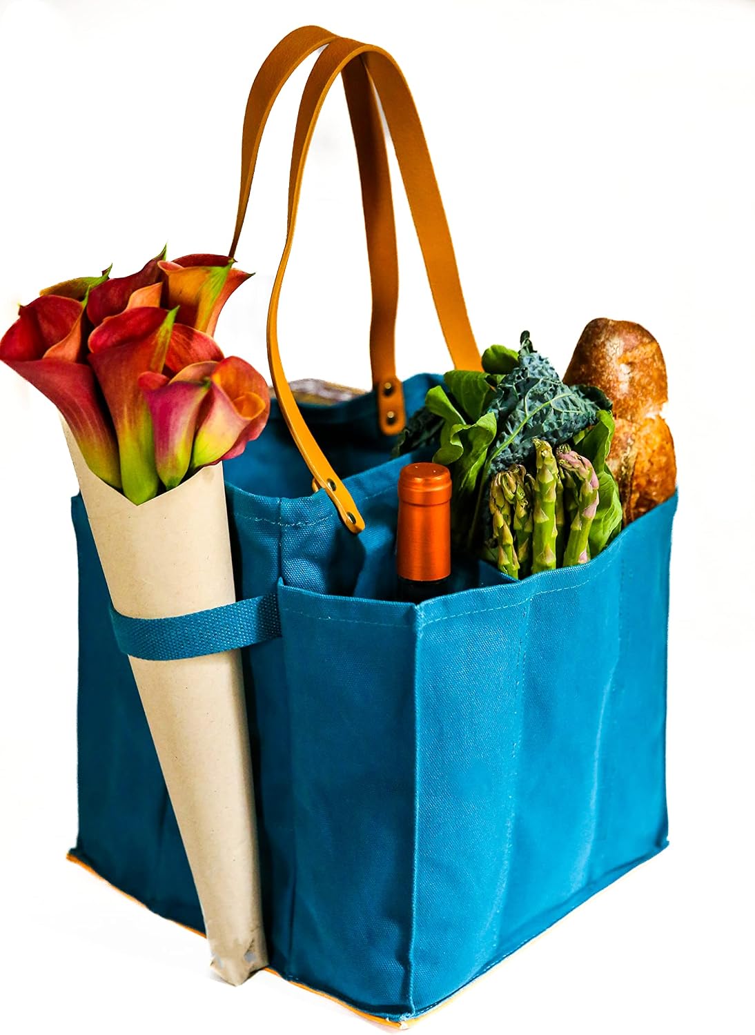 CapaBunga Farmer's Market Tote Shopping Bags with Handles - 7 Pocket Large Utility Tote Bag - Heavy Duty Canvas Utility Bag with Vegan Leather Base - Reusable Tote Bag - Petrol Blue Grocery Bag image 5
