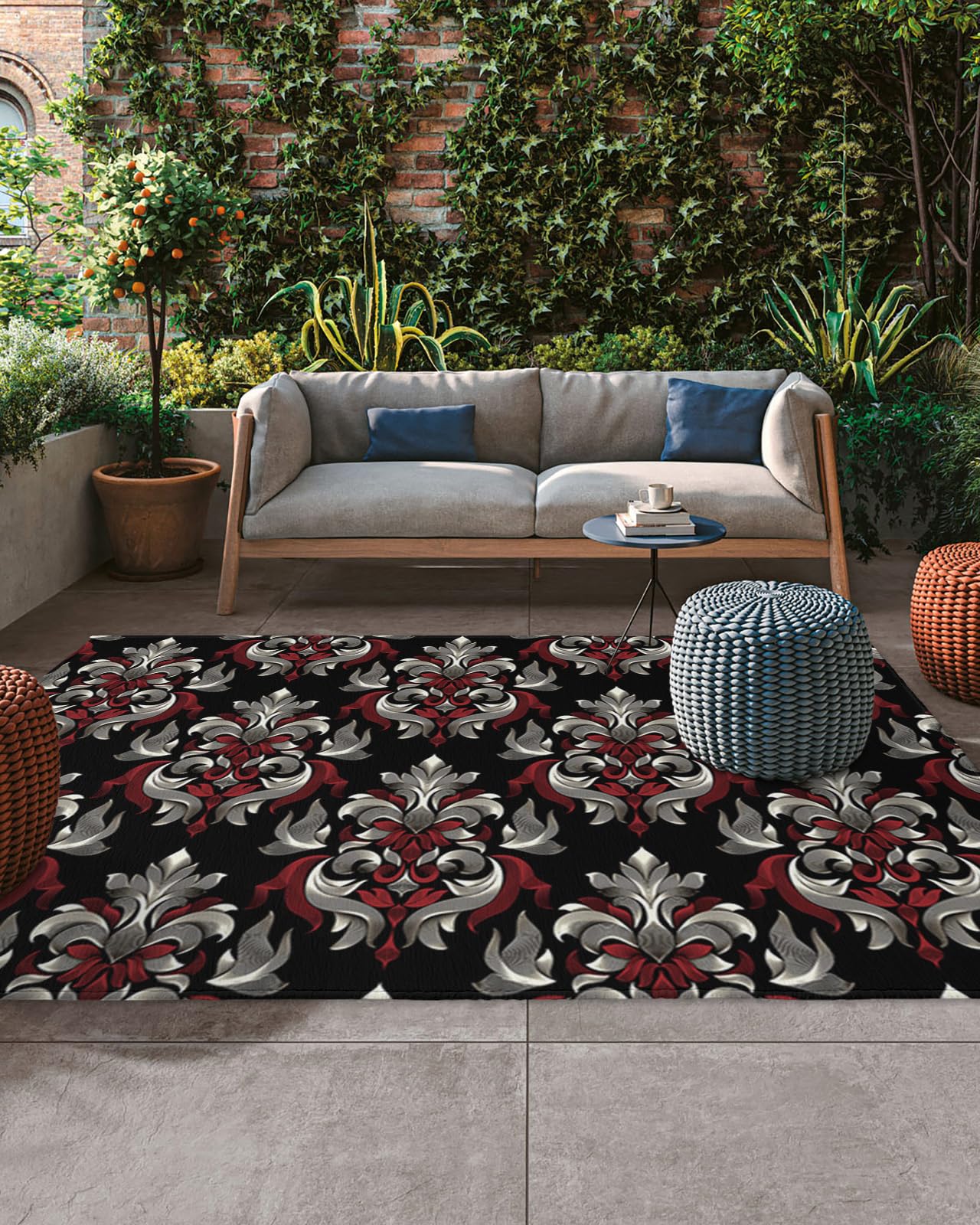 CHARMHOME Indoor Outdoor Rugs 4'x6' - Waterproof Patio Rug Camping Rug for Porch Deck Backyard Patio - Baroque Style Victorian Pattern with Arabesque Vintage Design Black Red Area Rug Easy Clean