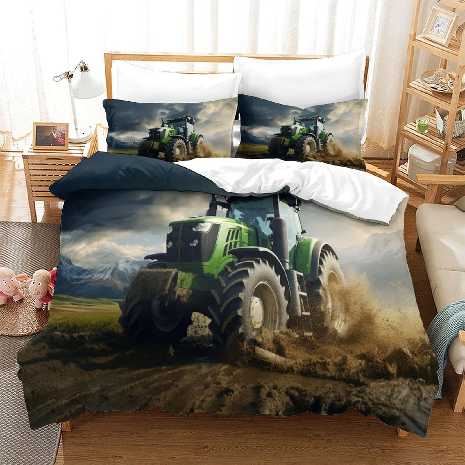 HONGBING Tractor Duvet Cover for Boys Girls Quilt Cover 3D Printed Comforter Covers with Pillow Cases Bedding Set Soft Microfiber with Zipper Closure 3 Pieces Super King（260x220cm）