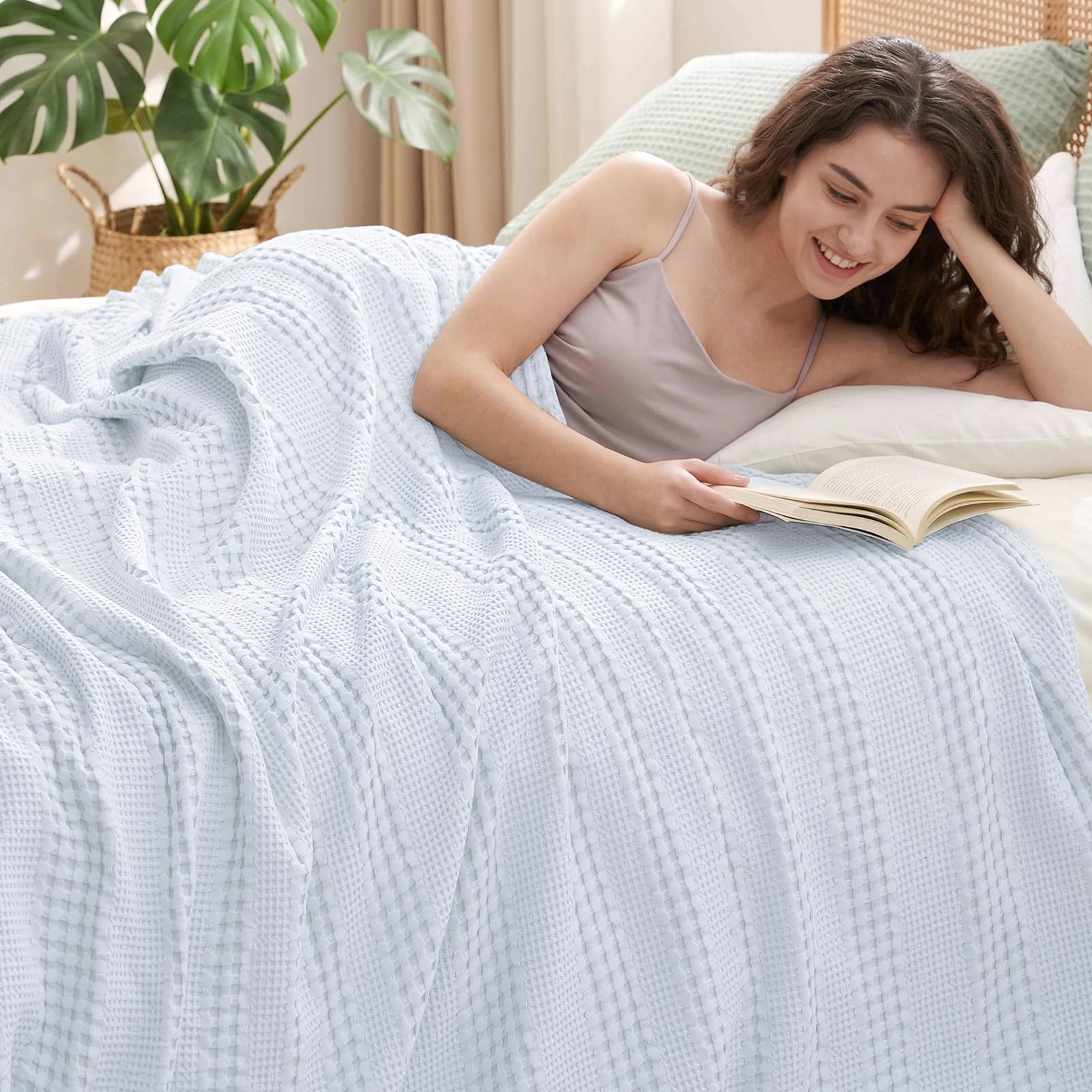 phf cooling waffle blanket king size, lightweight 60% rayon from bamboo & 40% cotton breathable blanket for hot sleepers, spring & summer use, soft luxury for bed couch sofa, 104"x90", ancient water
