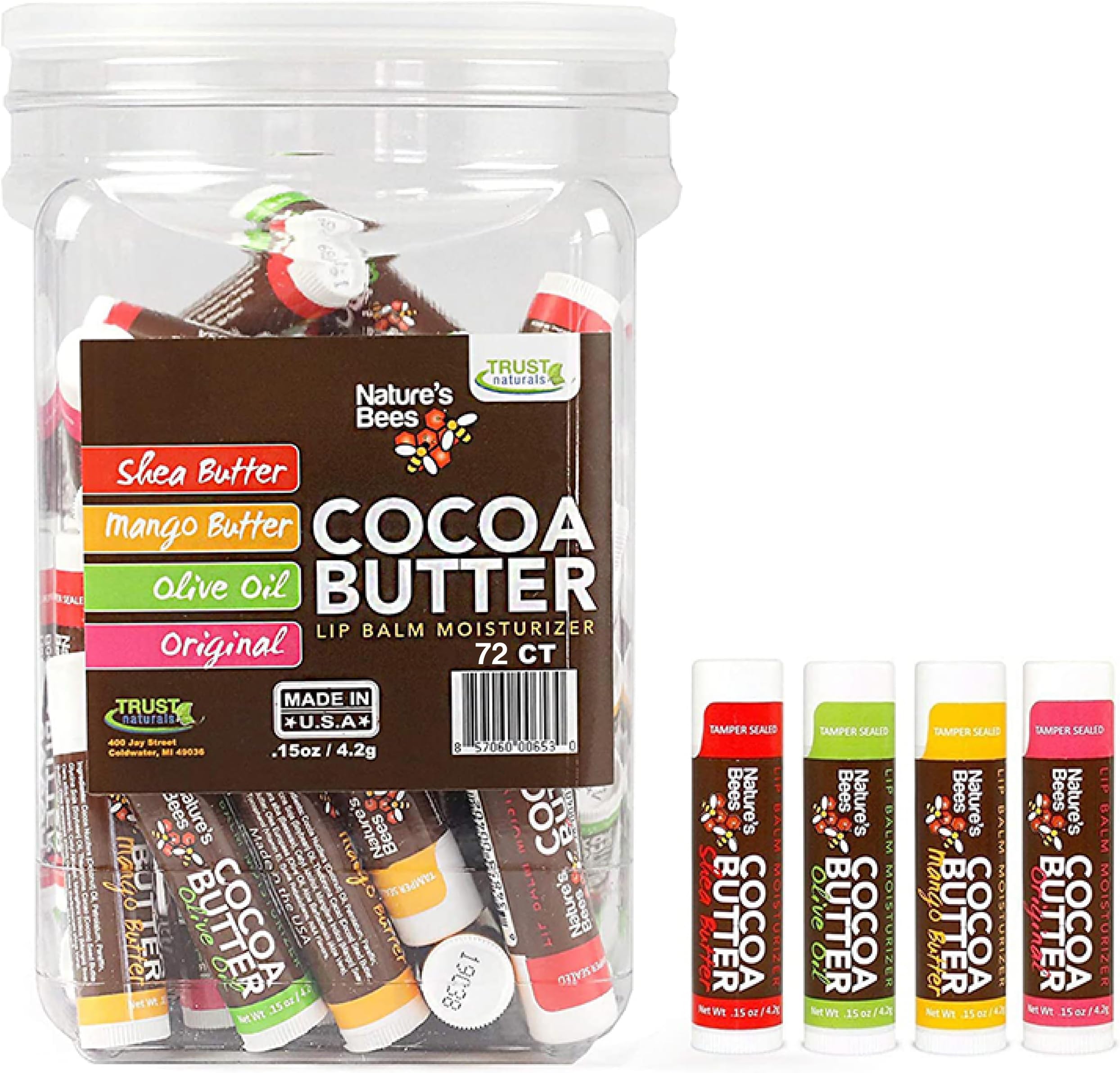 Nature's Bees, Cocoa Butter Lip Balms, Lip Moisturizer Treatment - Pack of 72, (Original Variety Assortments - Original, Olive Oil, Mango Butter, Shea Butter)