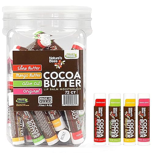 Nature's Bees, Bálsamos labiales de manteca de cacao, tratamiento hidratante labial, paquete de 72, (surtidos originales de variedades, original,