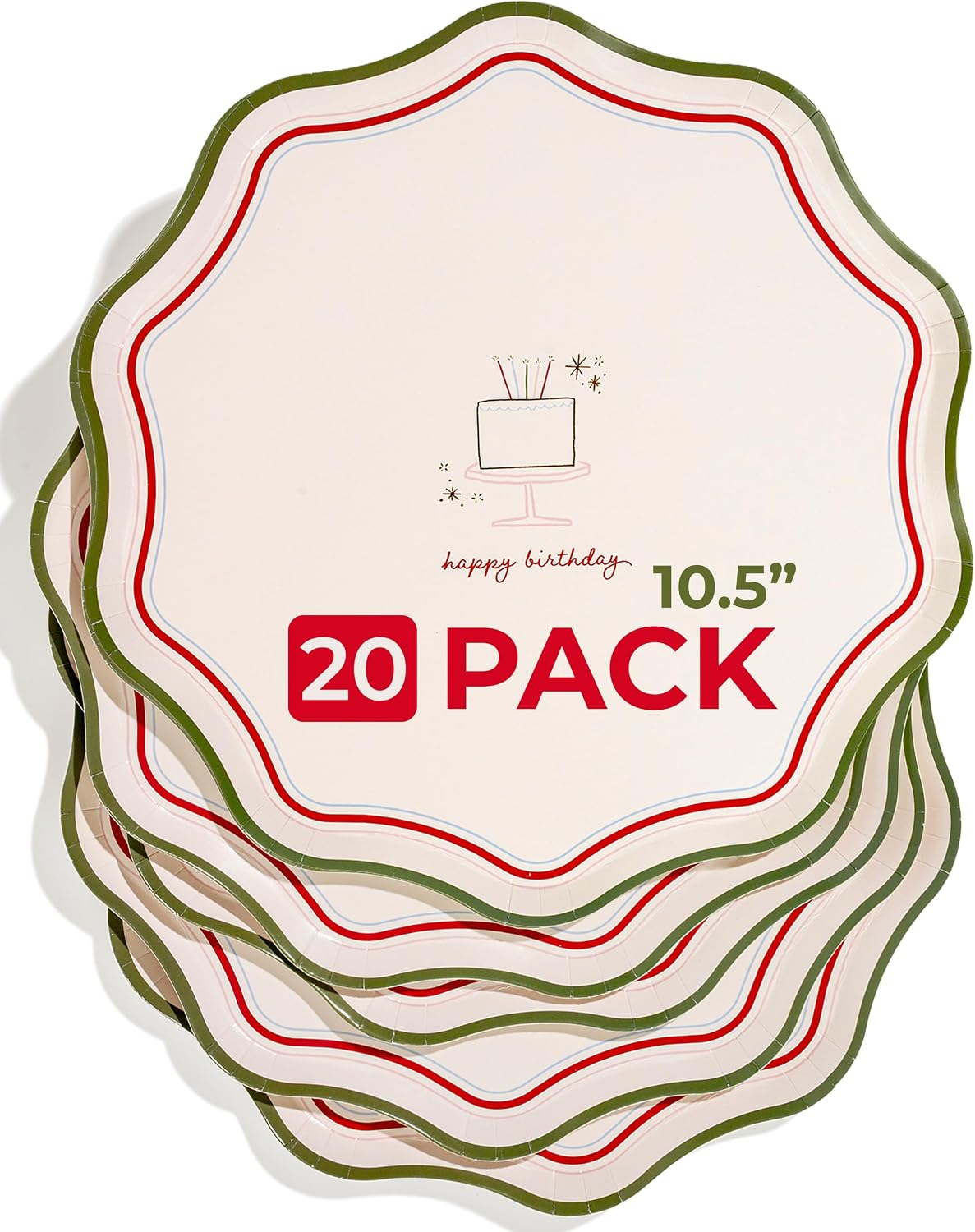 Birthday Retro Stripe Paper Plates for Cake & Appetizers – 10.5in, 20 Pack