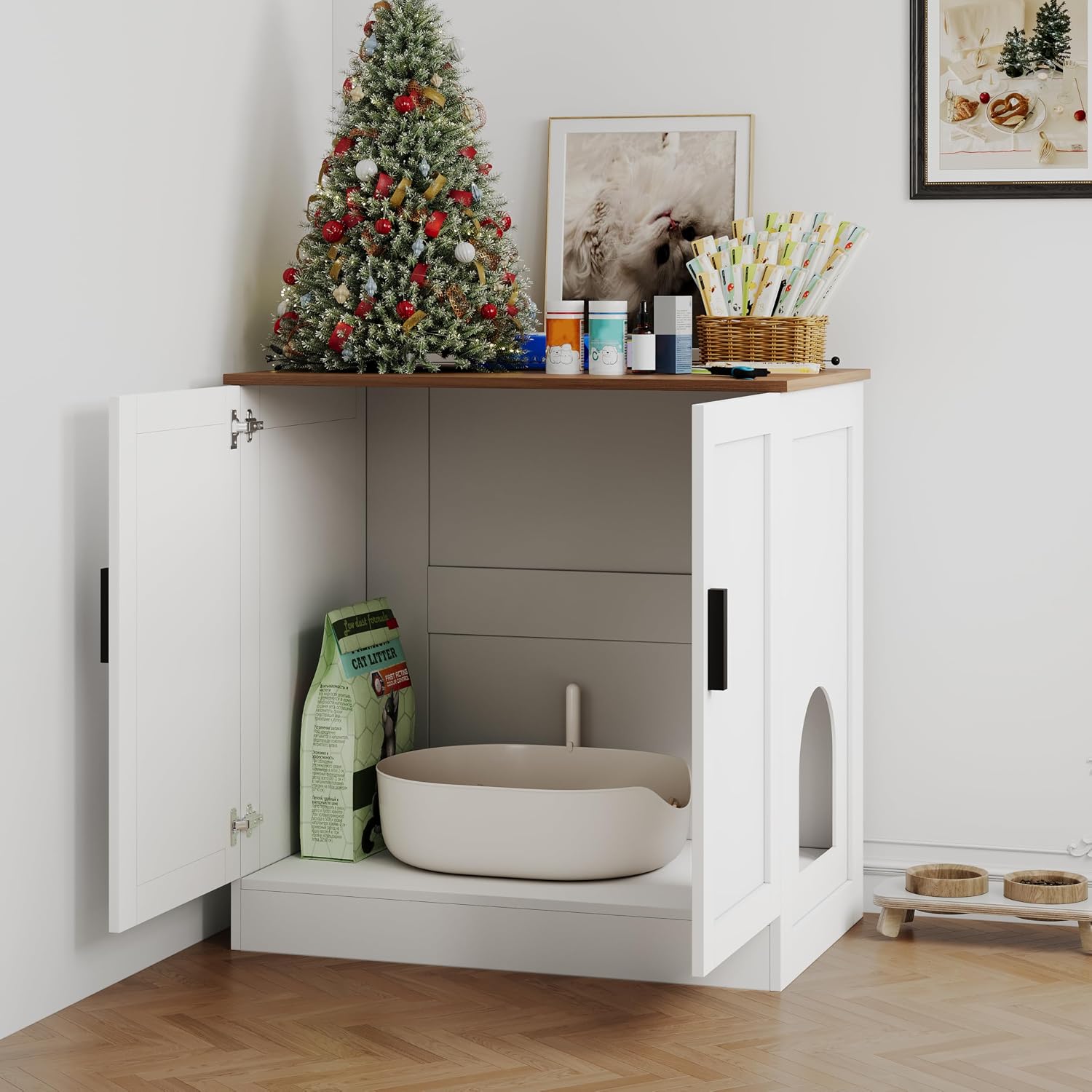 WENTMENT Cat Litter Box Furniture with Removable Divider,Large Hidden Litter Box Furniture Cat House (White)