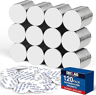 DIYMAG 120 Pack Strong Magnets with Double Sided Adhesive, 1.26" x 0.12" Round Permanent Powerful Neodymium Disc Rare Earth Magnet for Fridge Classroom DIY Building Scientific Craft and Office
