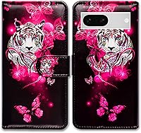 Vista 28 de Pixel 7a - Funda de piel con tapa y función atril para Google Pixel 7a, diseño de flores y mariposas azules