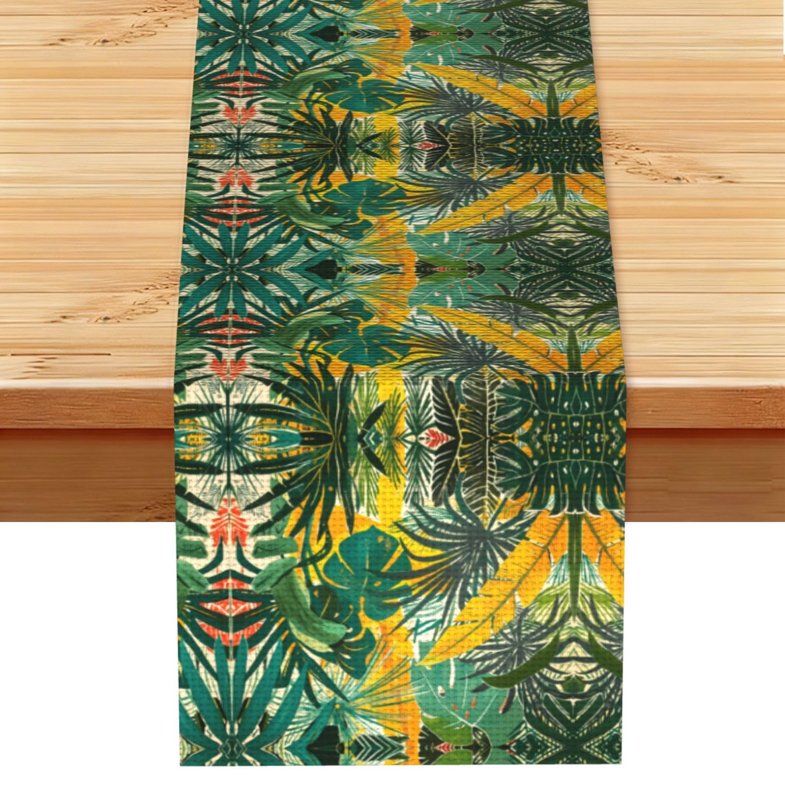 Bold Gold Teal Jungle Printed Table Runner 13 x 72, Wrinkle Resistant Decor for Dining Table Coffee Table Fireplace