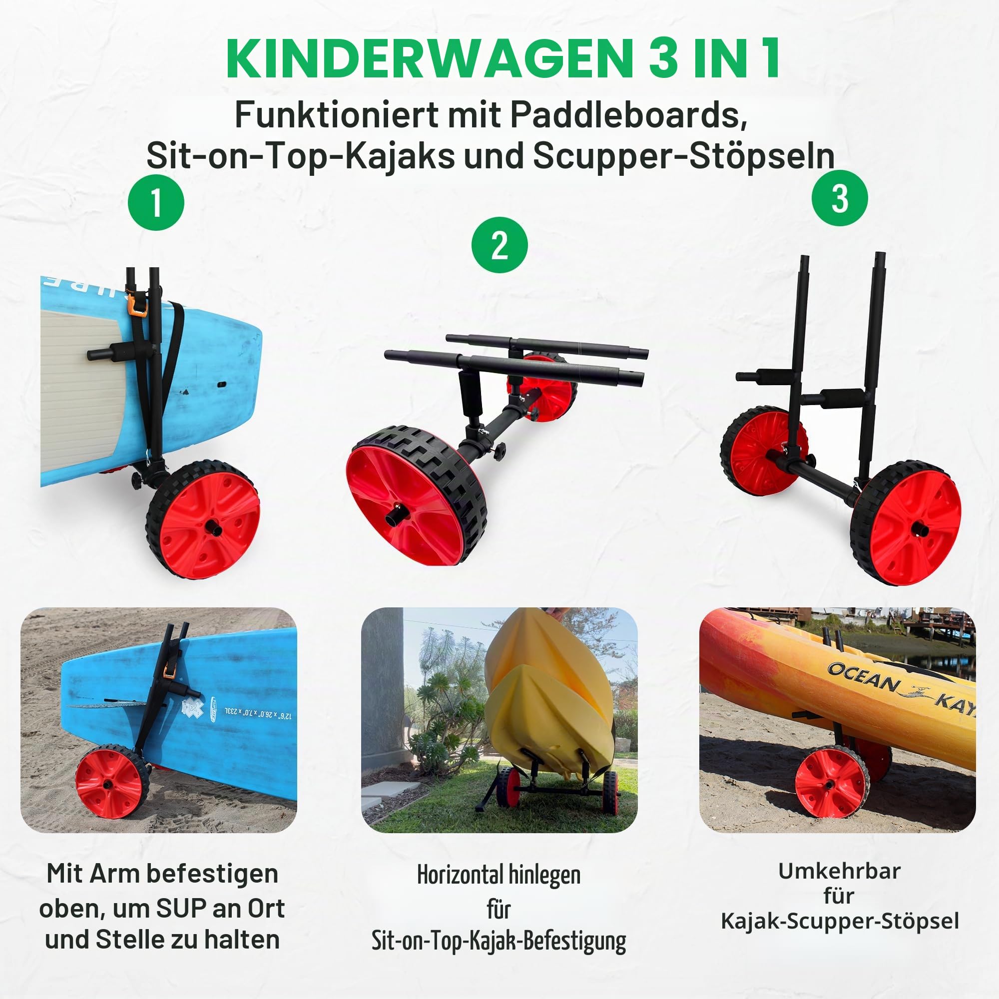 3-in-1 Kanu-Transportwagen, Multifunktionaler Verstellbarer Kanu-Transportwagen, KajakTransportwag für Kajaks, Paddelbrettern und Kleinen Booten