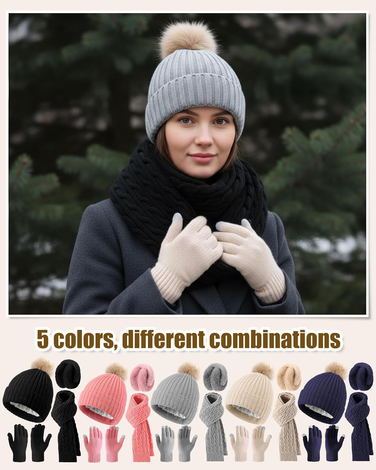 20 Pcs Women Winter Beanie Hat Scarf Gloves Earmuff Set Knit Pompom Hats Warm Scarves Touchscreen Gloves Ear Warmer - Image 3