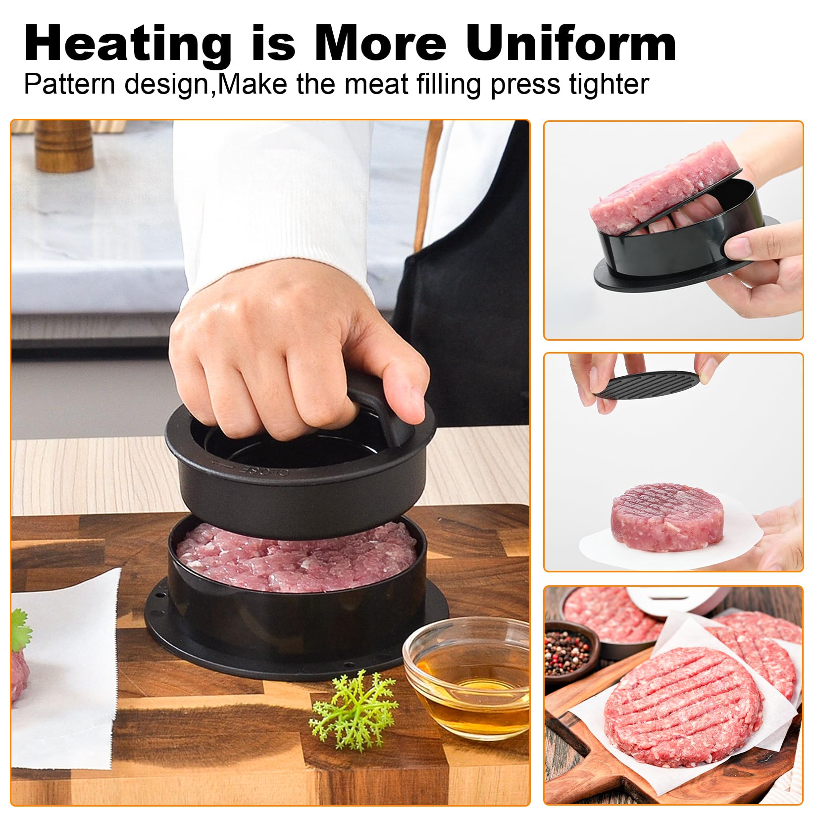3 in 1 Pressa per Hamburger Attrezzo, Stampo per Hamburger Antiaderenti e Resistenti, Accessori Barbecue, Set Utensili Cucina, con 200 Fogli di Carta Oleata per Hamburgers