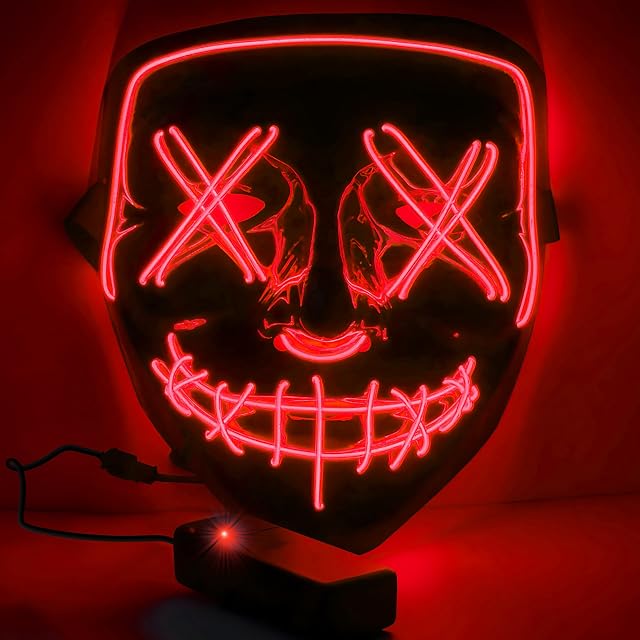 Retoo Maska LED na Halloween z 3 trybami oświetlenia, straszna neonowa maska oczyszczająca świecąca w ciemności, dla mężczyzn i kobiet, straszna maska do gier kostiumowych, na festiwale, cosplay, karnawał i