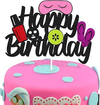 Spa Cake Topper Happy Birthday Sign Cake Decorations for Girl Women Female Makeup Spa Day Masquerade Cosmetics Theme Birthday Party Supplies Black Glitter Decor