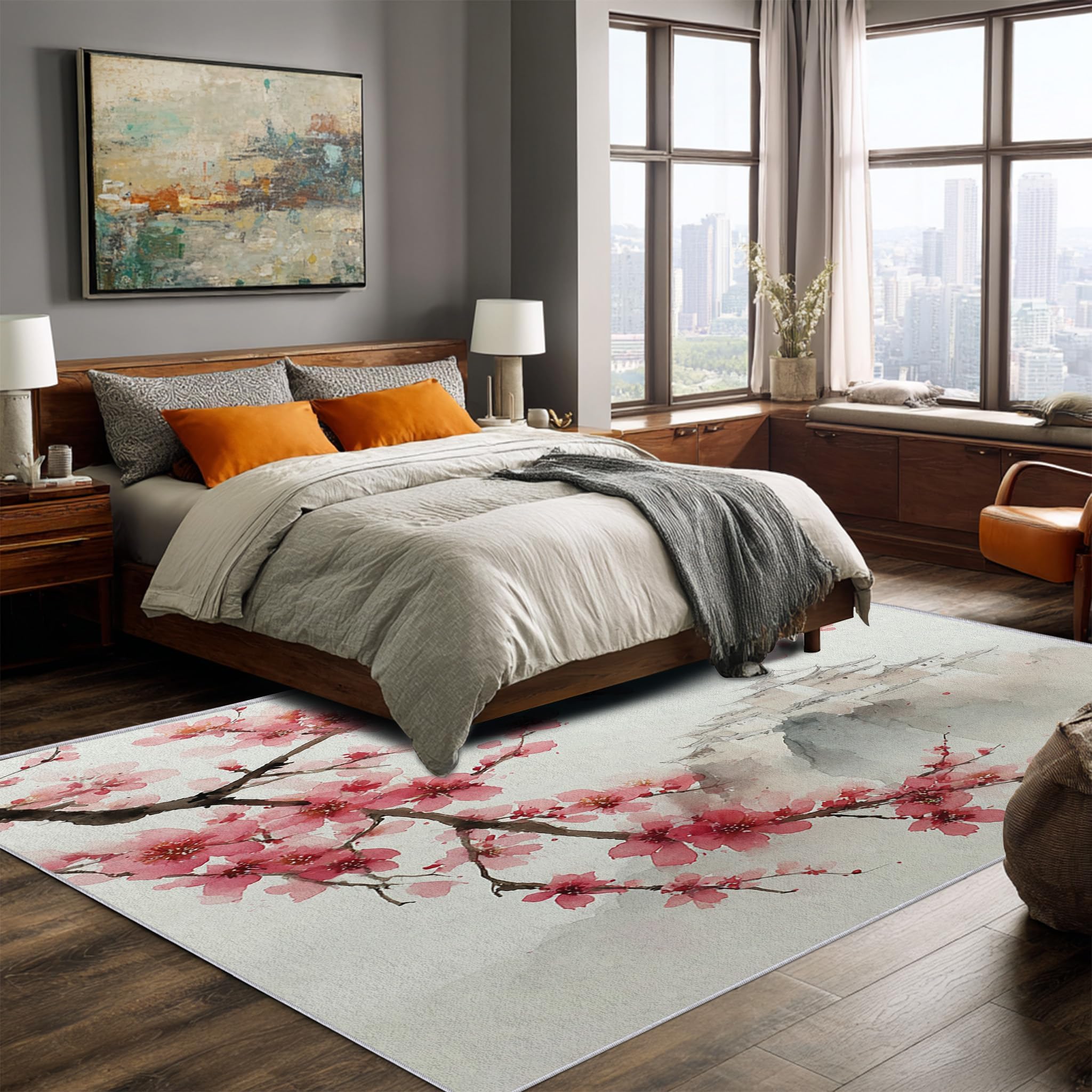 Tapis de Salon Lavable 120x140cm, Motif Floral Japonais Rose à Fleurs de Cerisier, Peinture à l'encre, idéal pour décoration Salon et de la Chambre, Doux et antidérapant.