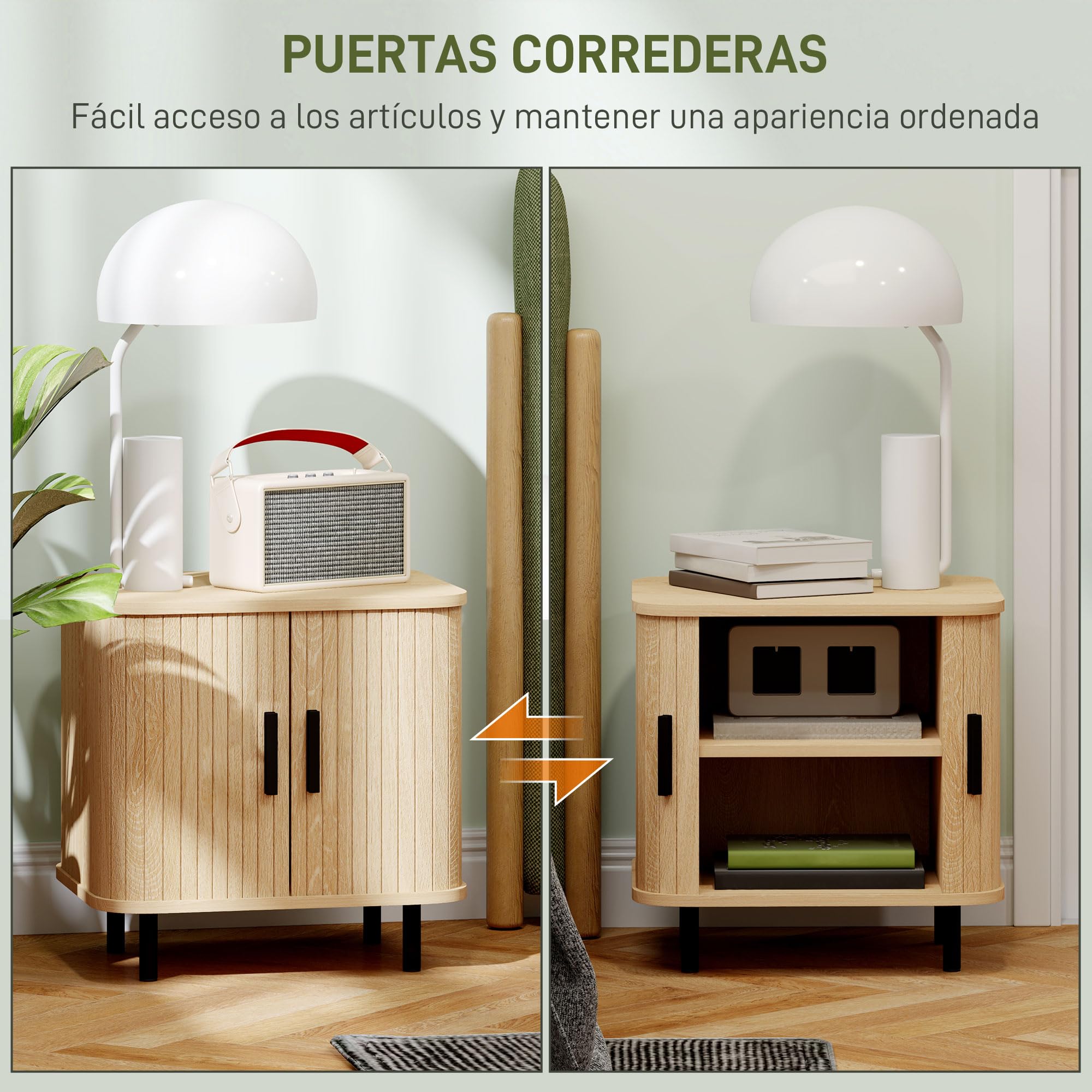 HOMCOM Mesita de Noche Puertas Correderas 2 Estantes 48x40x48 cm Roble